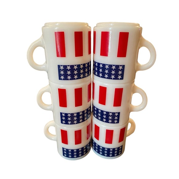 Vintage white glass flag coffee cups mugs lot 6